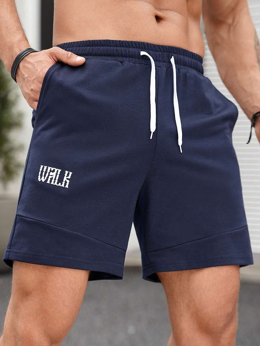 Running Men Letter Graphic Drawstring Waist Sports Shorts - Navy Blue - View 1