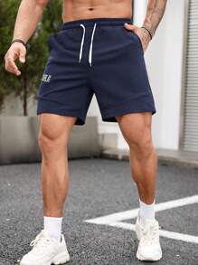 Running Men Letter Graphic Drawstring Waist Sports Shorts - Navy Blue - View 5