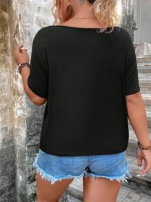 SHEIN LUNE Áo thun Plus size Tương phản ren Thắt nút Nút phía trước màu trơn Giải trí - màu đen - Xem 2