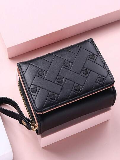 Stitch Detail Heart Embroidered Tri-Fold PU Mini Lightweight Multi Layer Portable ID Card Credit Card Zipper Cash Minimalist Fashion Modern Business Anniversary On Valentine Day For Birthday Gift Girls Lady Female Women Gift Heart Wristlet Wallet School Supplies Teacher Gifts Back To School For Women Wallet Purse Wallet Small Wallet