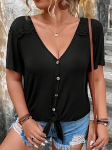 SHEIN LUNE Áo thun Plus size Tương phản ren Thắt nút Nút phía trước màu trơn Giải trí - màu đen - Xem 3