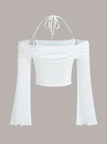 SHEIN ICON Solid Halter Neck Flounce Sleeve Crop Top
