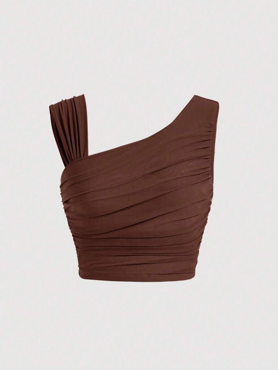 SHEIN MOD 素色褶邊不對稱領短款上衣 - 巧克力棕 - 查看 1