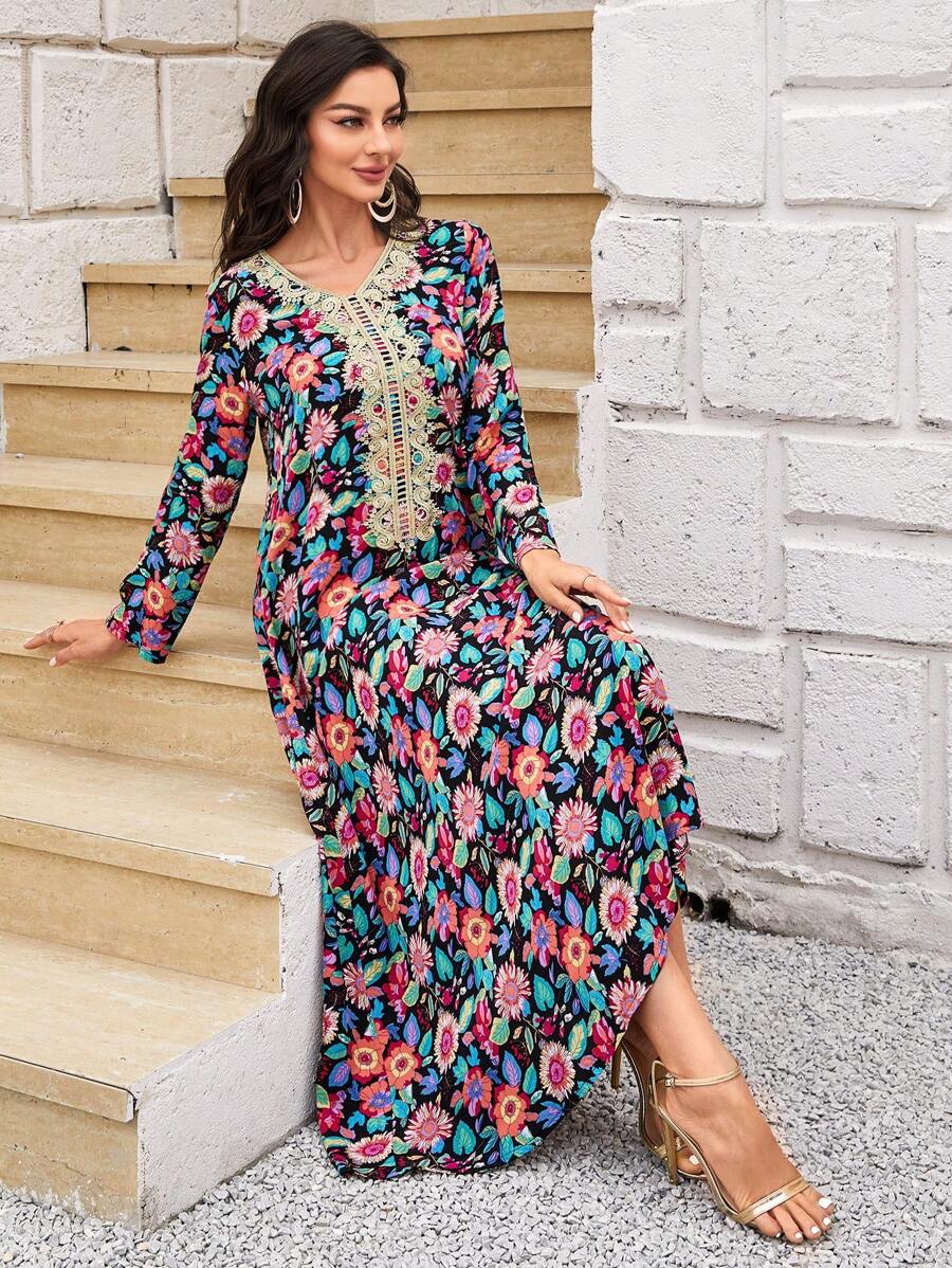 Al Najma Váy dài ren họa tiết hoa thanh lịch cho mùa xuân và mùa hè, Jalabiya dài, Váy dài tay thường ngày - màu đen - Xem 1