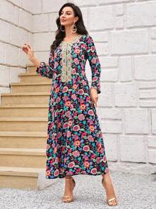 Al Najma Váy dài ren họa tiết hoa thanh lịch cho mùa xuân và mùa hè, Jalabiya dài, Váy dài tay thường ngày - màu đen - Xem 4