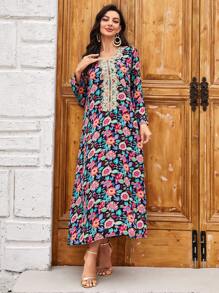 Al Najma Váy dài ren họa tiết hoa thanh lịch cho mùa xuân và mùa hè, Jalabiya dài, Váy dài tay thường ngày - màu đen - Xem 5