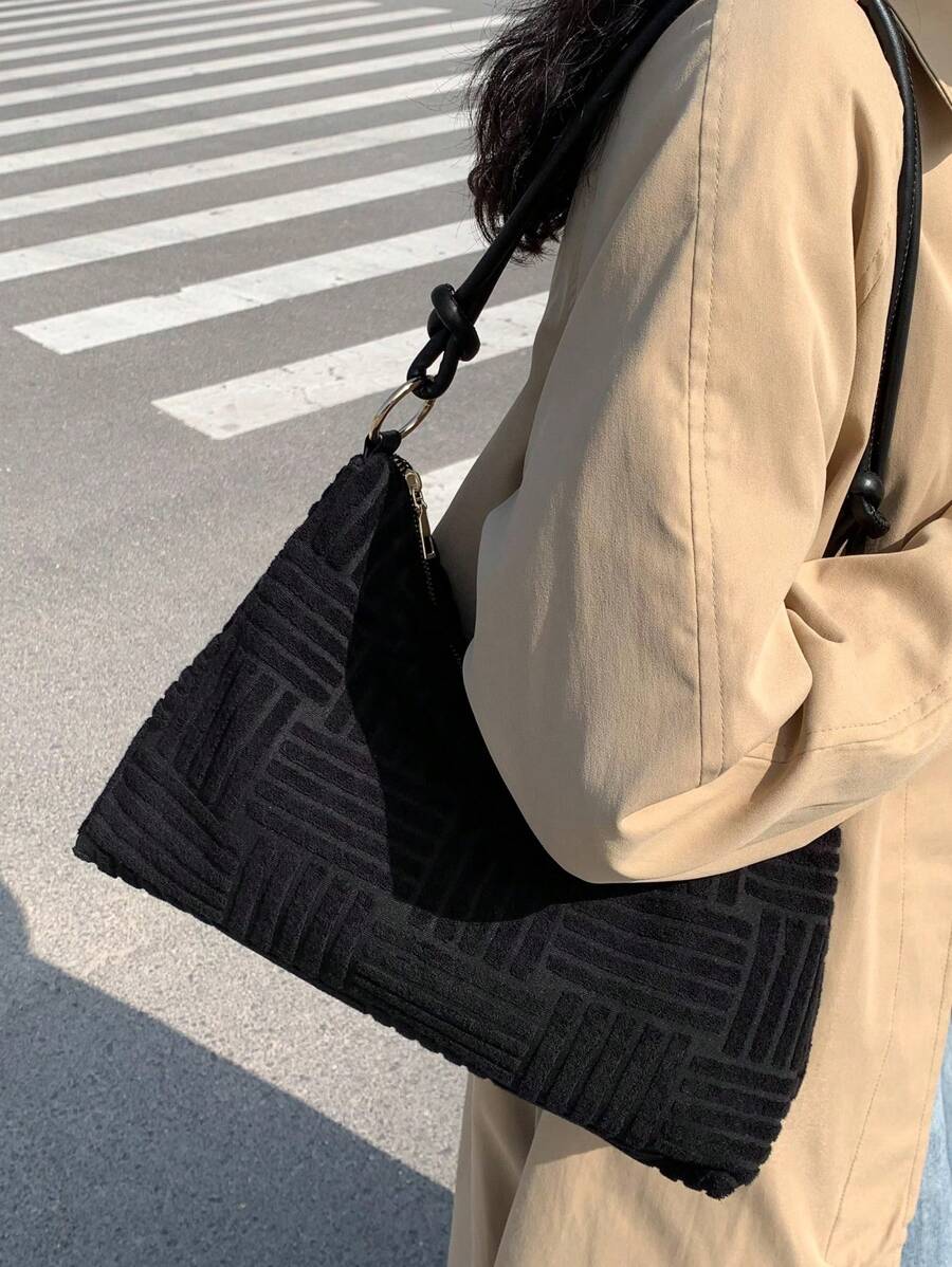 Medium Hobo Bag Embossed Detail Nylon Solid Black - Black - View 1