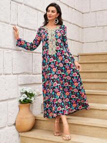 Al Najma Váy dài ren họa tiết hoa thanh lịch cho mùa xuân và mùa hè, Jalabiya dài, Váy dài tay thường ngày - màu đen - Xem 6