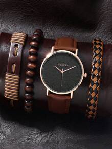 1 Miếng Nâu PU Polyurethane Dây đeo Đúng mốt Tròn Quay số đồng hồ Quartz & 3pcs Vòng tay , Đối với Cuộc sống hàng ngày - Cà phê nâu - Xem 1