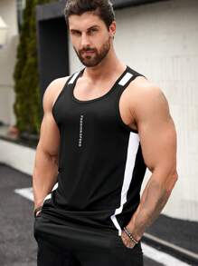 Street Sport 男士字母圖案拼接側邊接縫運動背心 - 黑色 - 查看 1