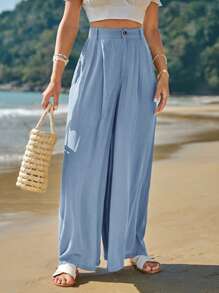 SHEIN Frenchy 高腰拼接細節闊腿褲 - 淺藍色 - 查看 1