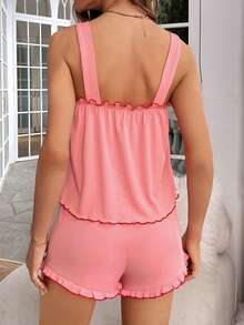 Frill Trim Cami Top & Shorts Lounge Set - Baby Pink - View 2