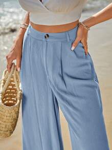 SHEIN Frenchy 高腰拼接細節闊腿褲 - 淺藍色 - 查看 2