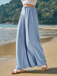 SHEIN Frenchy 高腰拼接細節闊腿褲 - 淺藍色 - 查看 3