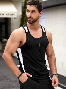 Street Sport 男士字母圖案拼接側邊接縫運動背心 - 黑色 - 查看 5