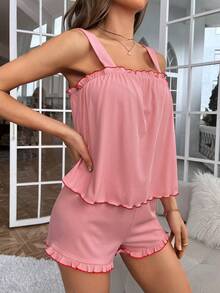 Frill Trim Cami Top & Shorts Lounge Set - Baby Pink - View 5