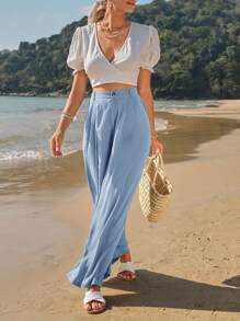 SHEIN Frenchy 高腰拼接細節闊腿褲 - 淺藍色 - 查看 4