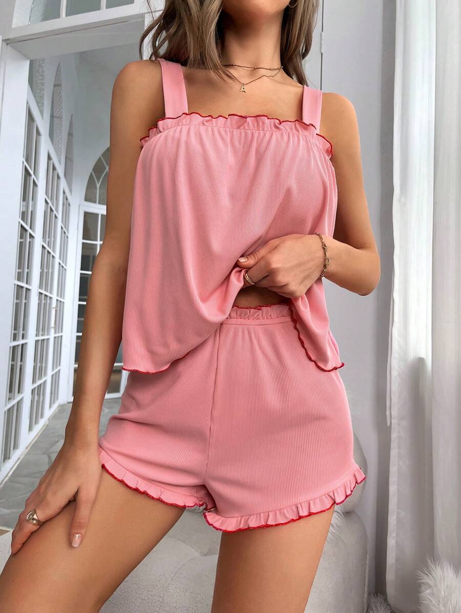 Frill Trim Cami Top & Shorts Lounge Set - Baby Pink - View 1