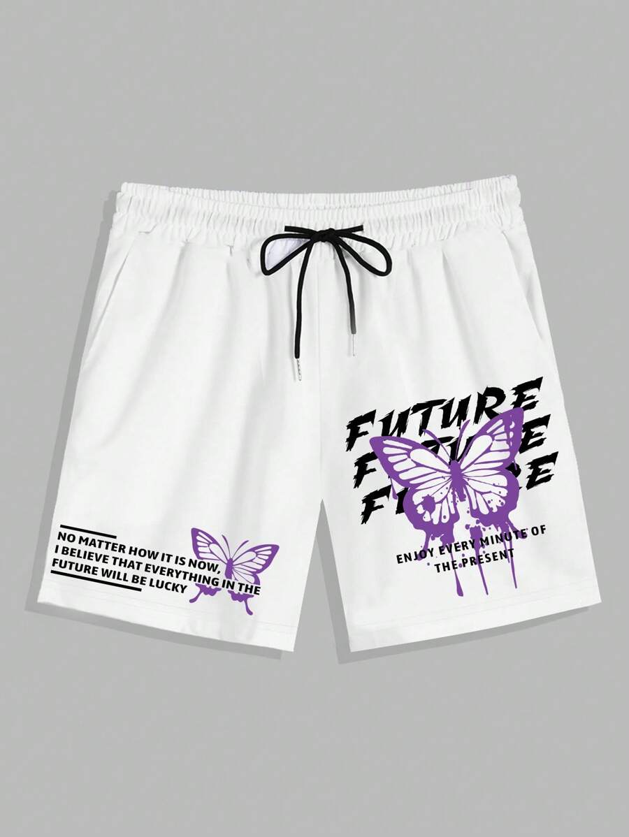 ROMWE MEN Street Life 男士蝴蝶和標語圖案腰部抽繩短褲 - 白色 - 查看 1