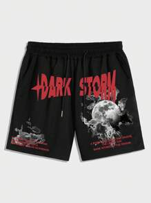 ROMWE MEN Street Life Guys Letter Graphic Drawstring Waist Shorts - Black - View 1