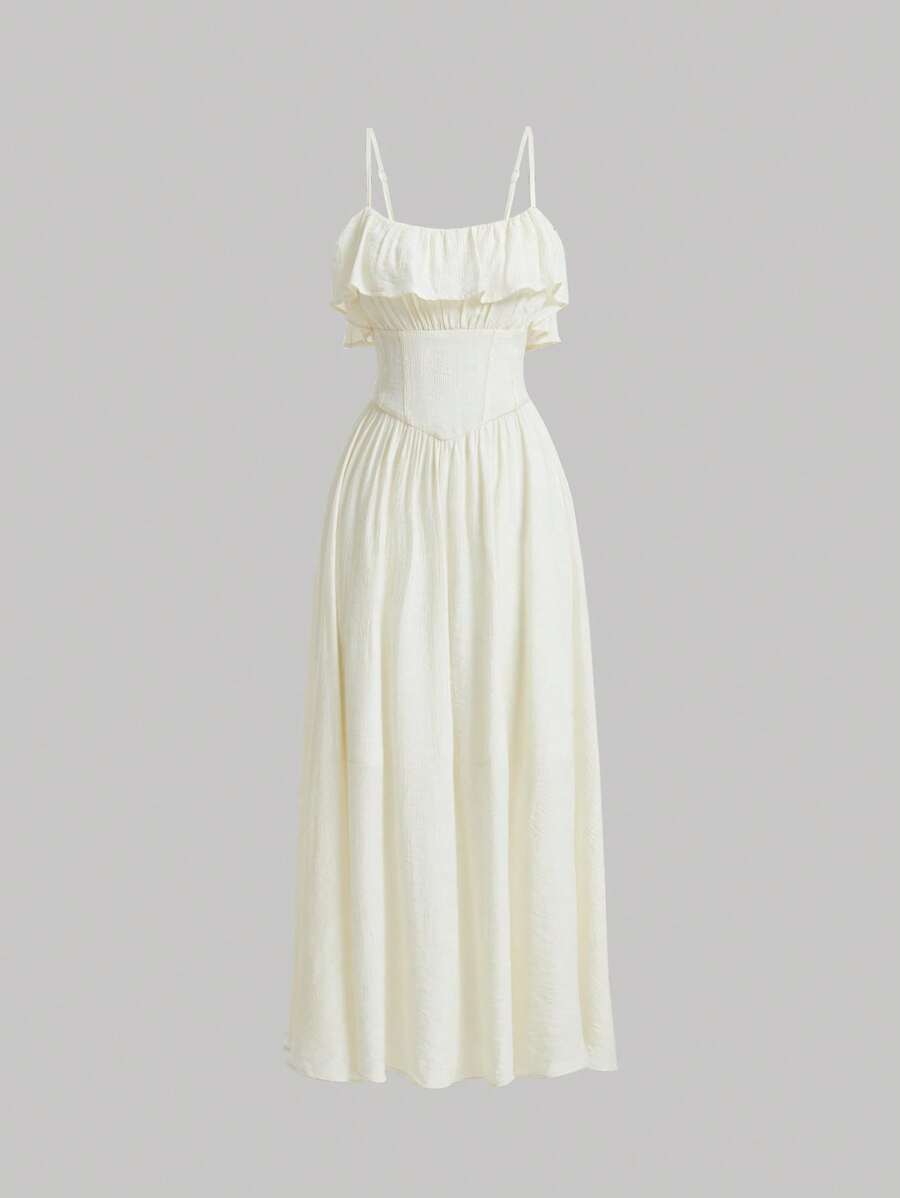 SHEIN MOD Solid Ruffle Trim Cami Dress - Beige - View 1