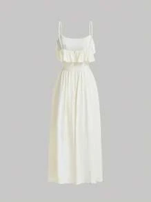 SHEIN MOD Solid Ruffle Trim Cami Dress - Beige - View 2