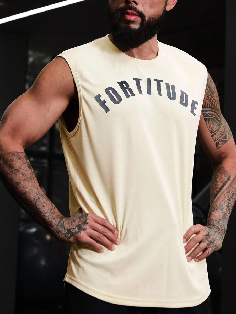 Manfinity Sport Corelite Camiseta deportiva para hombre con letras impresas en la parte superior y diseño de tanque para entrenamiento - Caqui - Ver 1