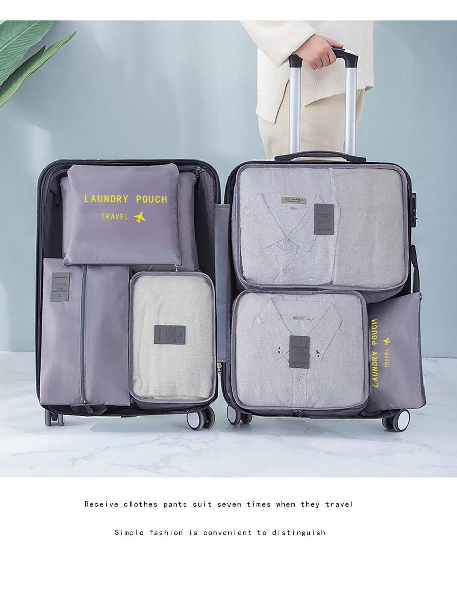 7入組套袋套裝字母印花旅行收納袋衣物收納袋、旅行收納套裝、包裝盒套裝、手提箱收納袋套裝、旅行收納套裝帶鞋類盥洗用品和洗衣袋學校用品房間裝飾臥室裝飾宿舍必需品學校學生教師 - 灰色 - 查看 1