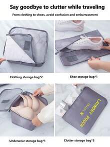 7入組套袋套裝字母印花旅行收納袋衣物收納袋、旅行收納套裝、包裝盒套裝、手提箱收納袋套裝、旅行收納套裝帶鞋類盥洗用品和洗衣袋學校用品房間裝飾臥室裝飾宿舍必需品學校學生教師 - 灰色 - 查看 2