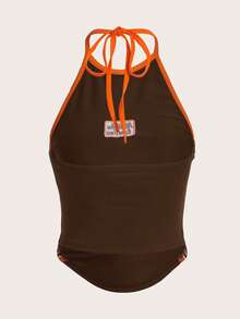 SHEIN ICON Top halter con estampado de slogan fruncido - Marrón Chocolate - Ver 2