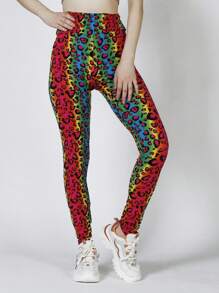 豹紋印花寬腰帶緊身打底褲 - 彩色 - 查看 1