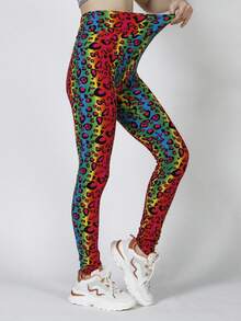 豹紋印花寬腰帶緊身打底褲 - 彩色 - 查看 5