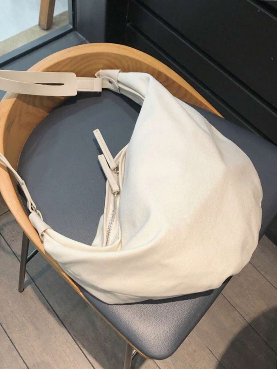 Oversized Hobo Bag Solid Colour Casual Style Canvas - White - View 1