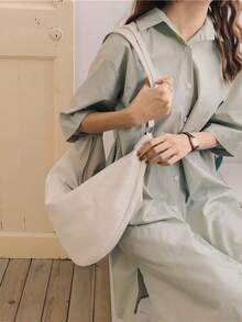 Oversized Hobo Bag Solid Colour Casual Style Canvas - White - View 6