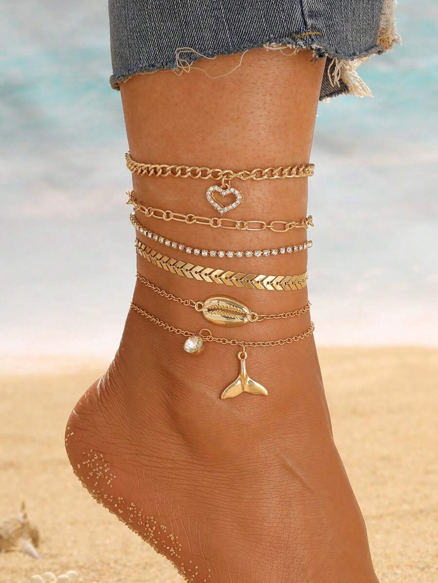 6入組/套心和貝殼設計腳錬適用於女士日期和度假禮品 - 金黃色 - 查看 1