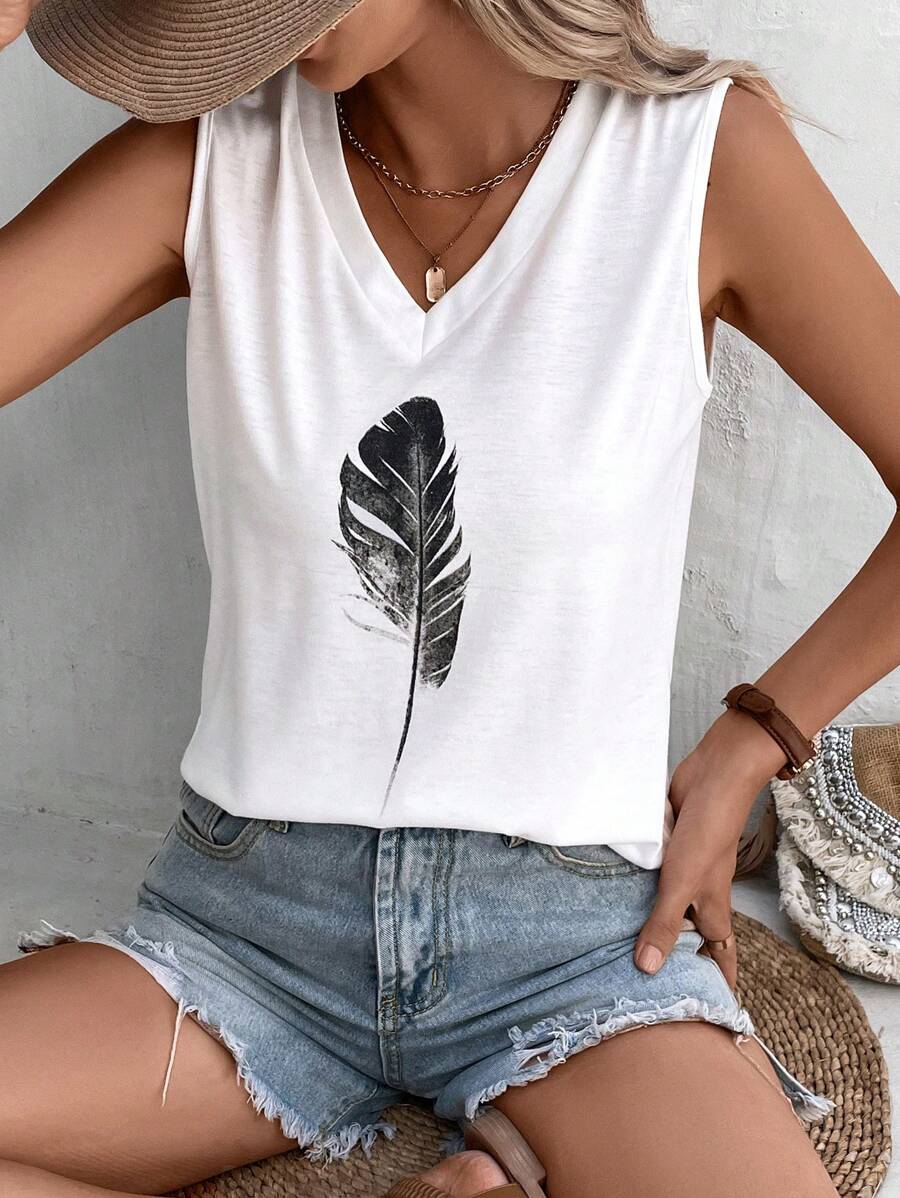 SHEIN LUNE Top tank con estampado de pluma - Blanco - Ver 1