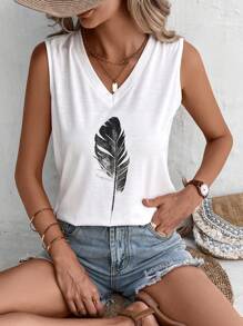SHEIN LUNE Top tank con estampado de pluma - Blanco - Ver 3