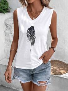 SHEIN LUNE Top tank con estampado de pluma - Blanco - Ver 4