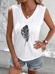 SHEIN LUNE Top tank con estampado de pluma - Blanco - Ver 5