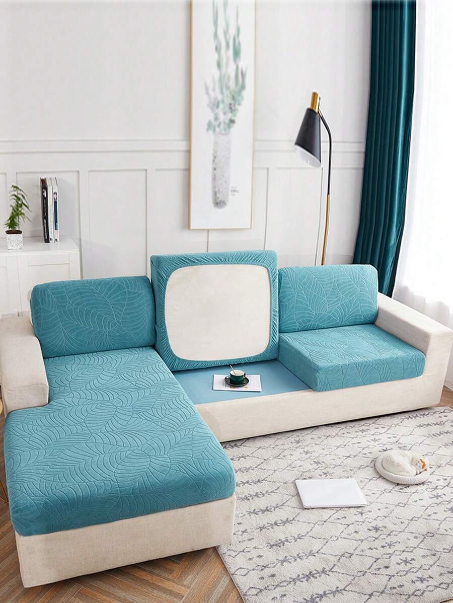 1pc Leaf Jacquard Stretchy Sofa Seat Cover, Minimalist Polyester Cushion Slipcover For Living Room - Baby Blue - View 1