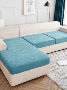 1pc Leaf Jacquard Stretchy Sofa Seat Cover, Minimalist Polyester Cushion Slipcover For Living Room - Baby Blue - View 3