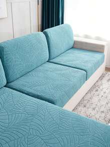1pc Leaf Jacquard Stretchy Sofa Seat Cover, Minimalist Polyester Cushion Slipcover For Living Room - Baby Blue - View 4
