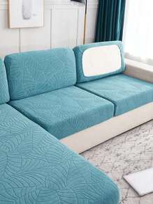 1pc Leaf Jacquard Stretchy Sofa Seat Cover, Minimalist Polyester Cushion Slipcover For Living Room - Baby Blue - View 5