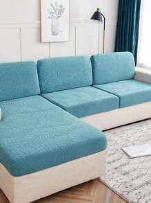 1pc Leaf Jacquard Stretchy Sofa Seat Cover, Minimalist Polyester Cushion Slipcover For Living Room - Baby Blue - View 6