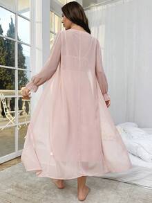 Flounce Sleeve Robe & Contrast Lace Cami Dress PJ Set - Baby Pink - View 2