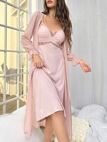 Flounce Sleeve Robe & Contrast Lace Cami Dress PJ Set - Baby Pink - View 4