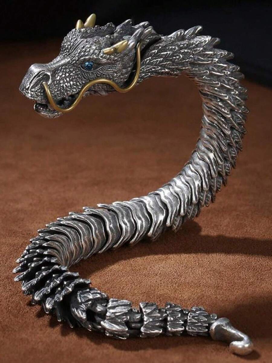 1 pieza Pulsera con cadena de hueso de dragón 3D - Plata antigua - Ver 1