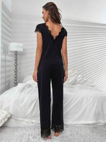 蕾絲拼接睡衣套裝 - 黑色 - 查看 2