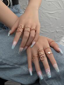 14件套女士个性化合金镂空心形、星形、箭头形戒指套装，约会礼物 - 玫瑰金 - 查看 1