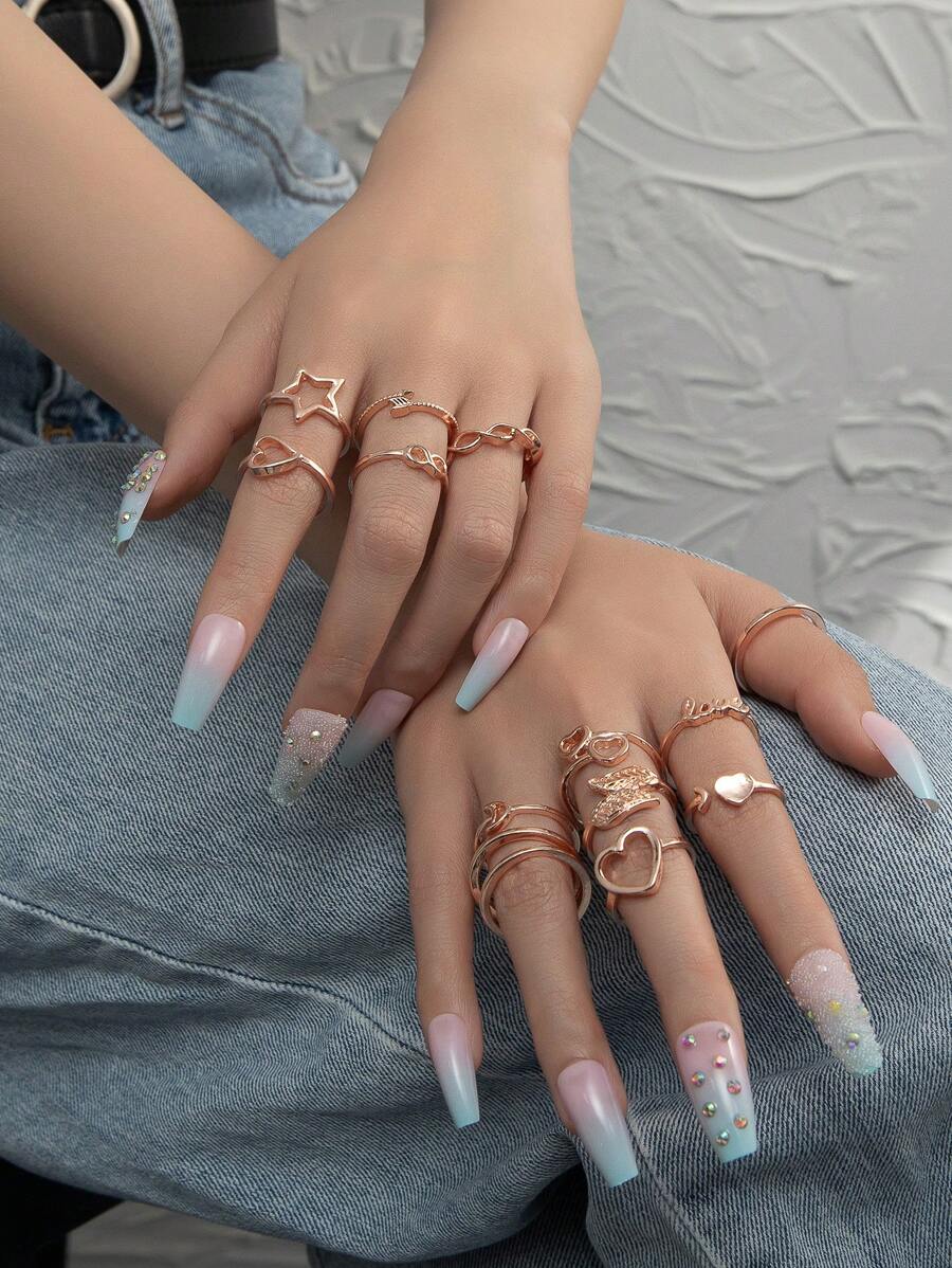 14件套女士个性化合金镂空心形、星形、箭头形戒指套装，约会礼物 - 玫瑰金 - 查看 1